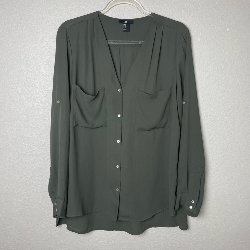 H&M Olive Green/ Charcoal Gray Women's Chiffon Button Down Blouse Size 12
